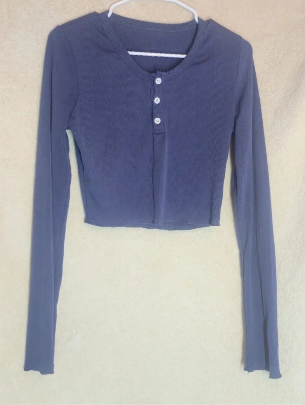 Shein Longsleeve Crop Top Blouse 1/4 Button Up Pullover Blue